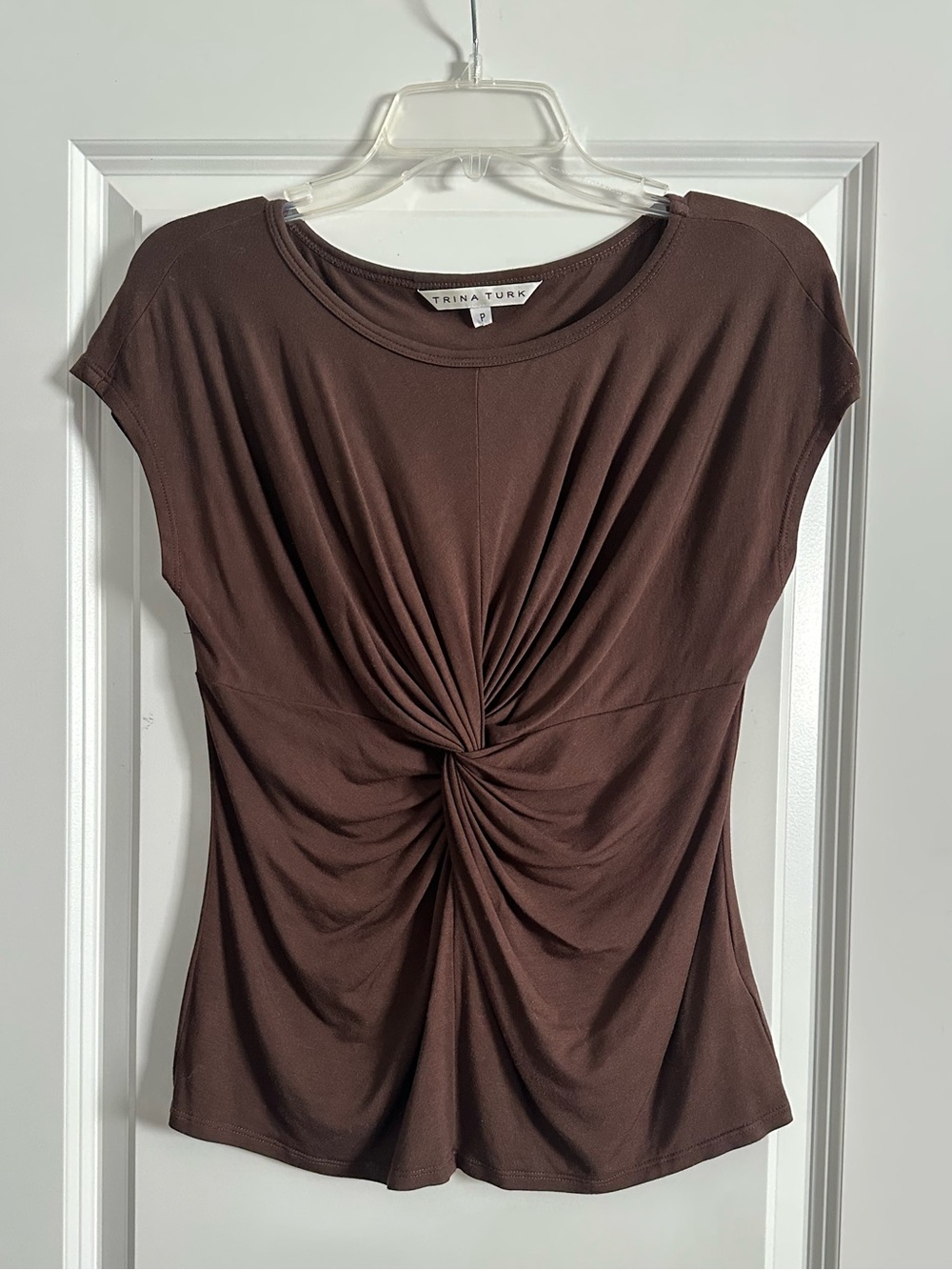 Trina Turk Brown Twist-Front Short Sleeve Top
